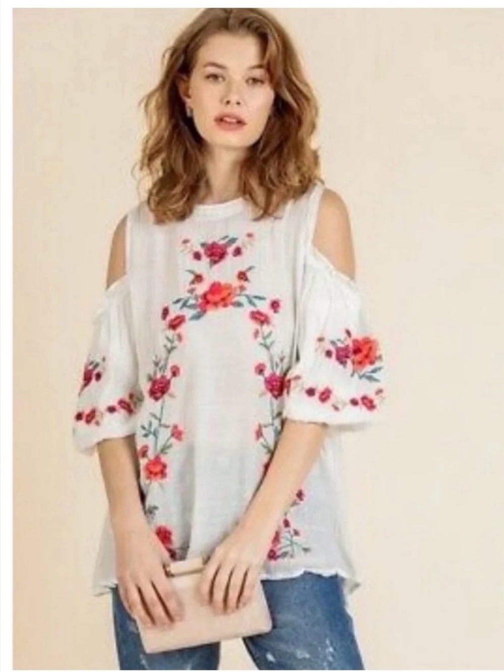 Umgee Medium White Floral Embroidered Cold Shoulder Boho Peasant Blouse